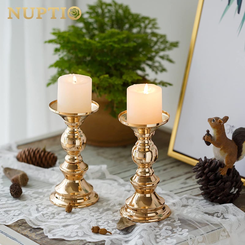 NUPTIO Set of 10 Gold Metal Pillar Candle Holders, Wedding Centerpieces Candlestick Holders for 2 inches Candles Stand Decoration Ideal for Weddings, Special Events, Parties - Image 3